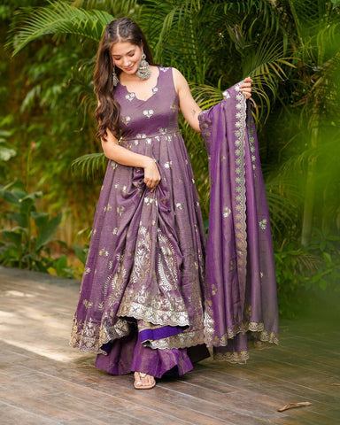 Party Wear Purple Color Crunchy Silk with Elegant Embroidery Work Anarkali Suit