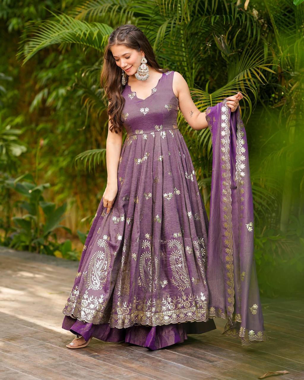 Party Wear Purple Color Crunchy Silk with Elegant Embroidery Work Anarkali Suit