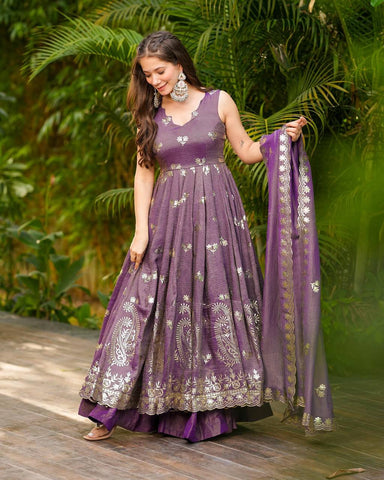 Party Wear Purple Color Crunchy Silk with Elegant Embroidery Work Anarkali Suit