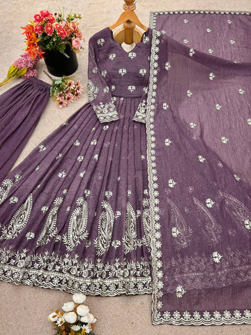 Party Wear Purple Color Crunchy Silk with Elegant Embroidery Work Anarkali Suit