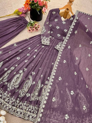 Party Wear Purple Color Crunchy Silk with Elegant Embroidery Work Anarkali Suit