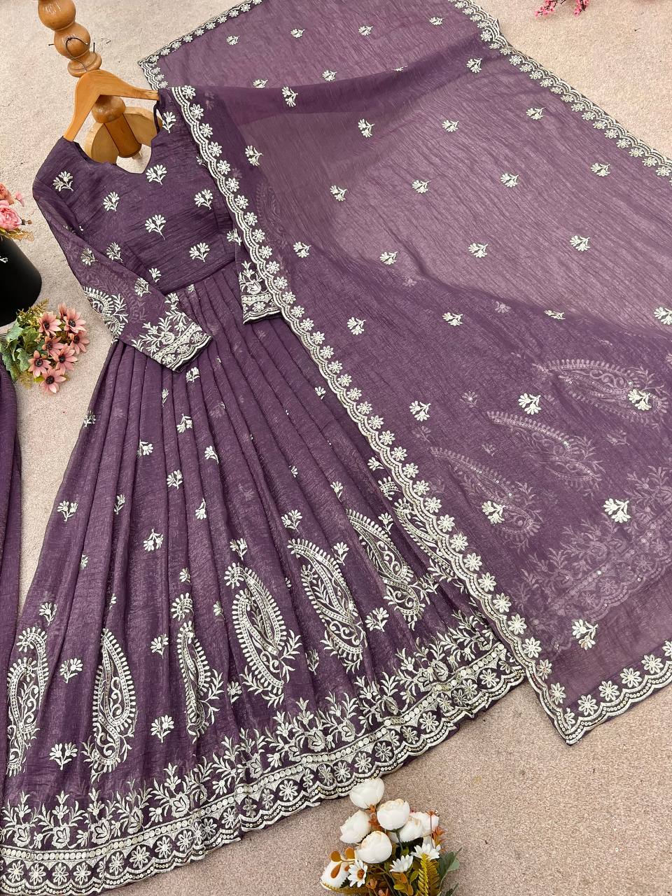 Party Wear Purple Color Crunchy Silk with Elegant Embroidery Work Anarkali Suit