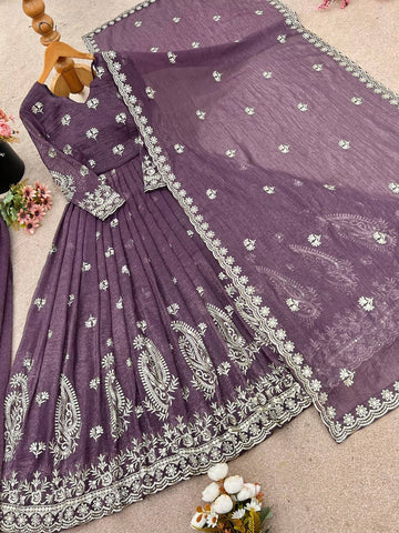 Party Wear Purple Color Crunchy Silk with Elegant Embroidery Work Anarkali Suit