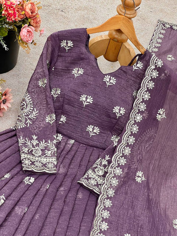 Party Wear Purple Color Crunchy Silk with Elegant Embroidery Work Anarkali Suit