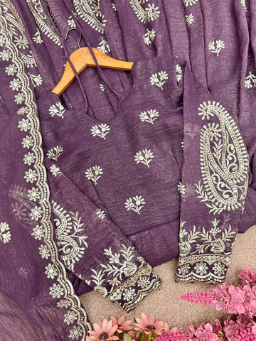 Party Wear Purple Color Crunchy Silk with Elegant Embroidery Work Anarkali Suit