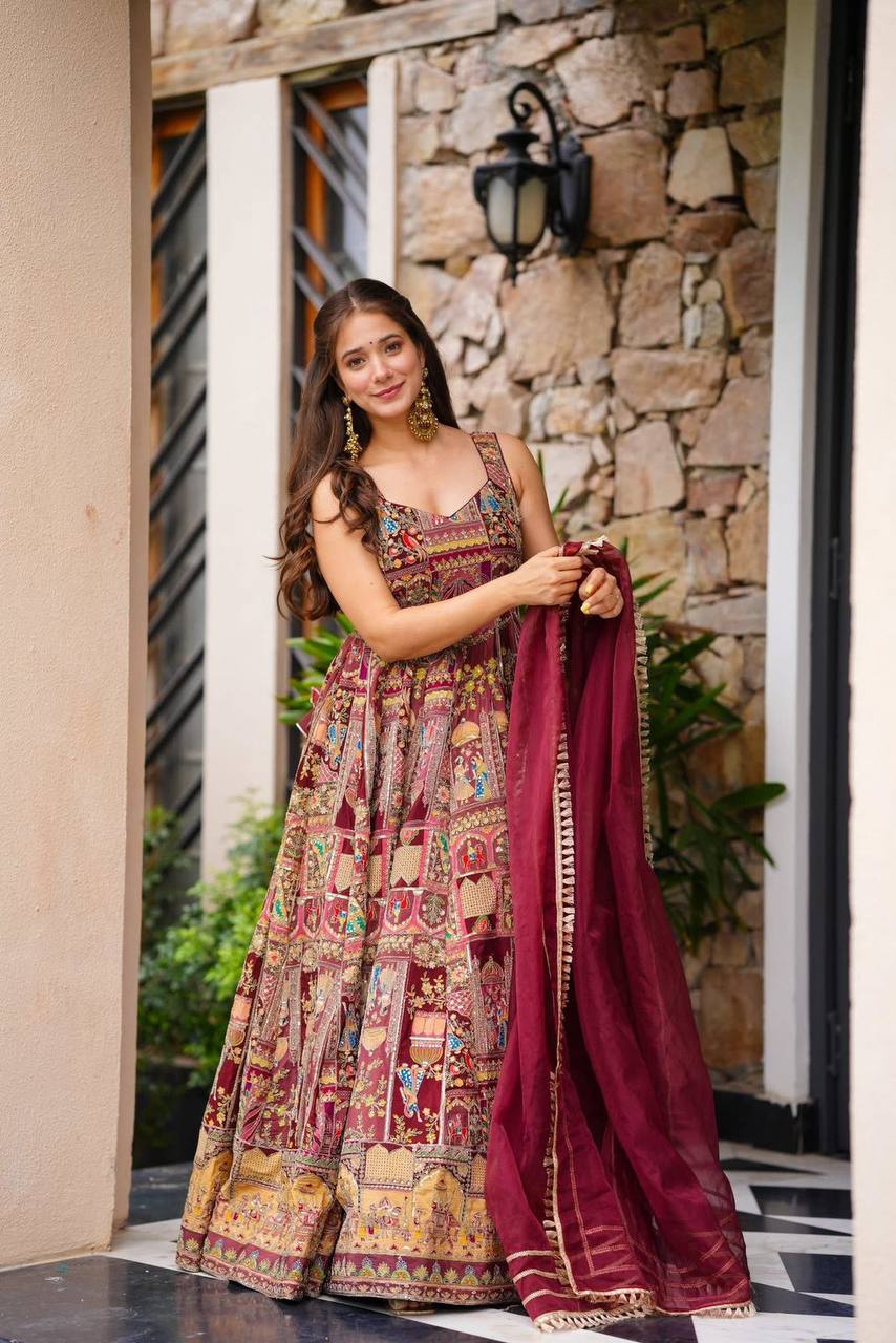 Function Wear Premium Pure Jimmy Organza Silk Stunning Digital Printed Beautiful Gown