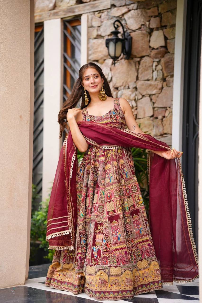 Function Wear Premium Pure Jimmy Organza Silk Stunning Digital Printed Beautiful Gown