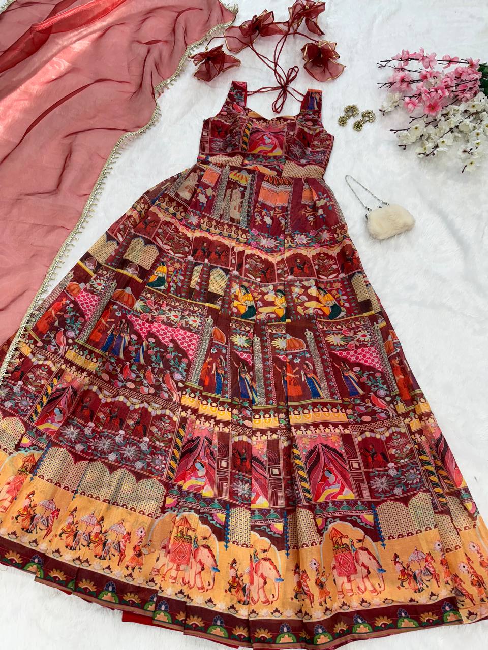Function Wear Premium Pure Jimmy Organza Silk Stunning Digital Printed Beautiful Gown
