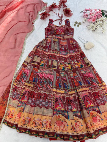 Function Wear Premium Pure Jimmy Organza Silk Stunning Digital Printed Beautiful Gown