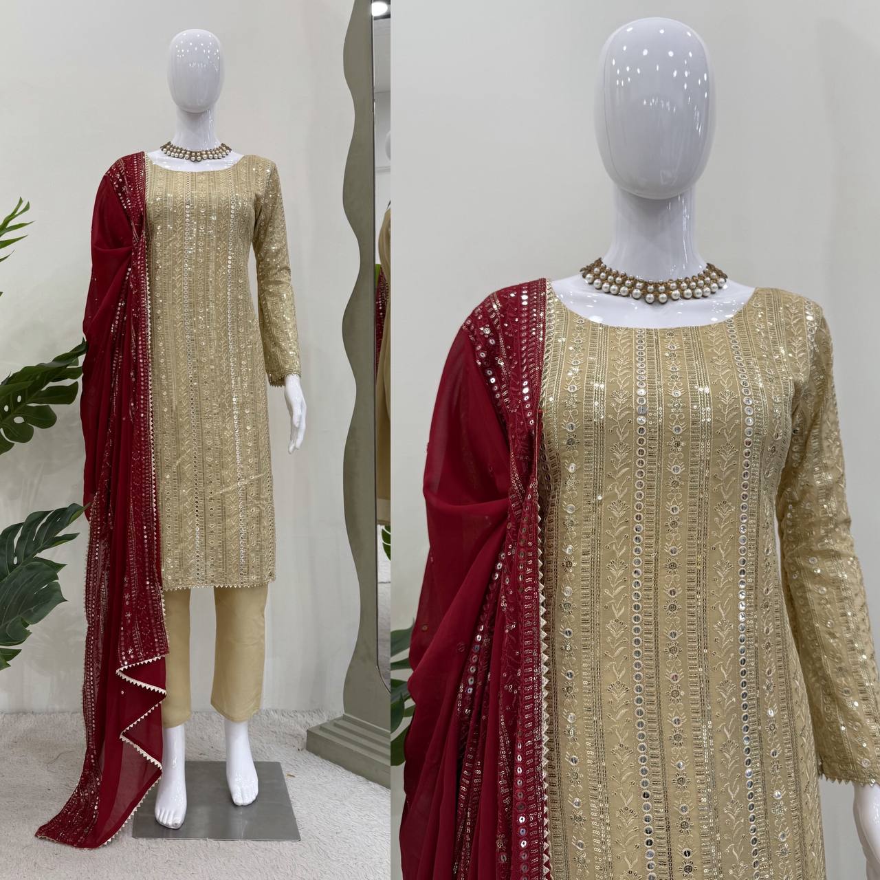 Designer Cream Color Thread Embroidery Work Salwar Suit