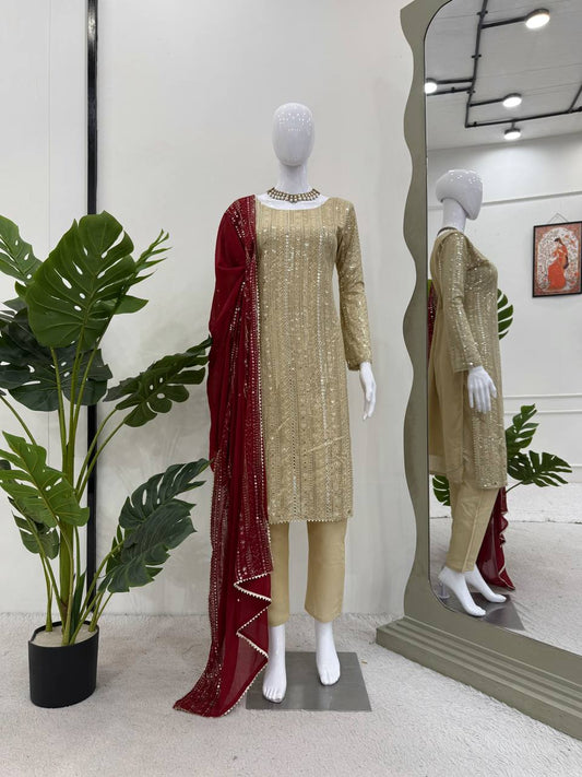 Designer Cream Color Thread Embroidery Work Salwar Suit