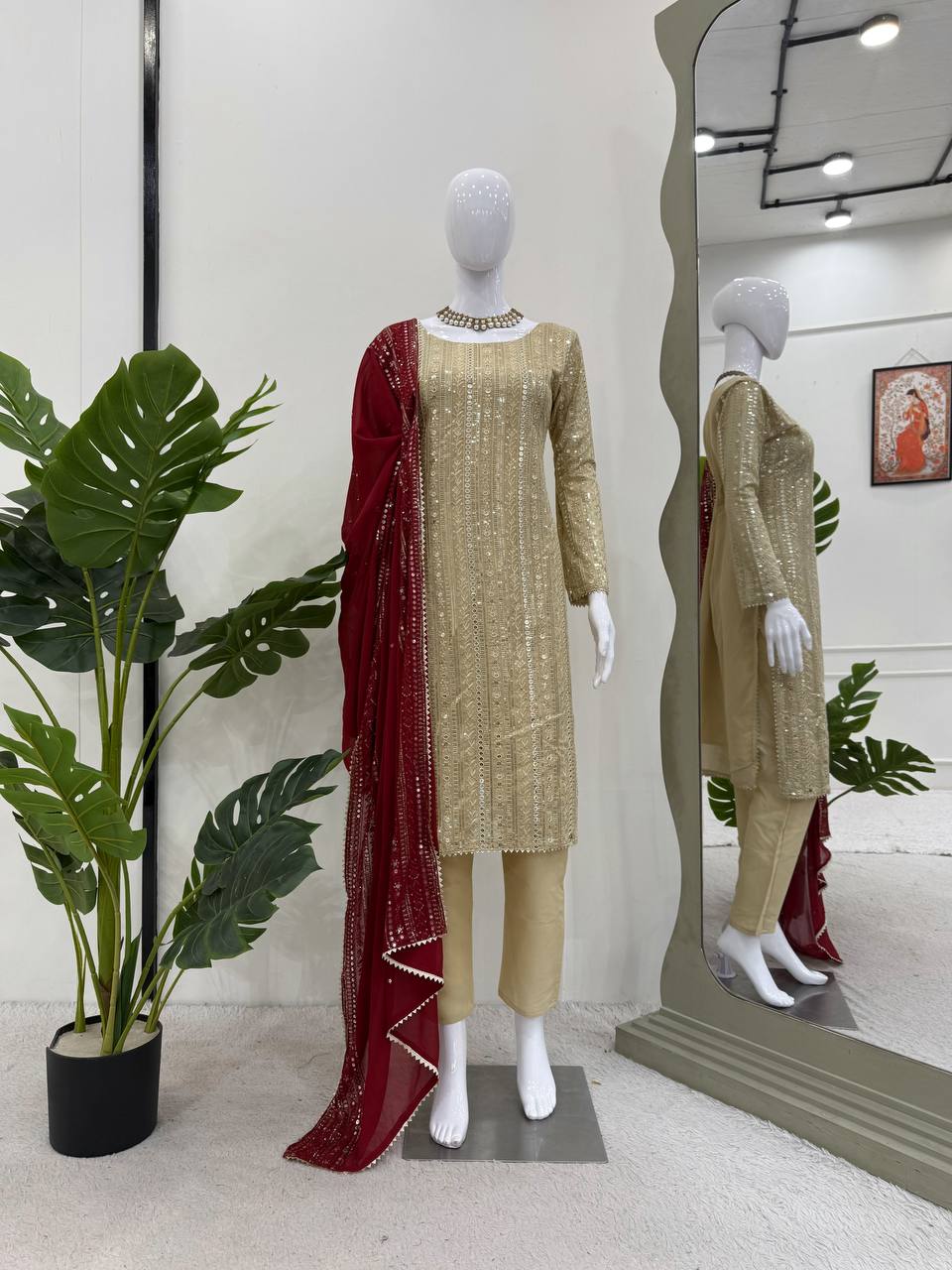 Designer Cream Color Thread Embroidery Work Salwar Suit