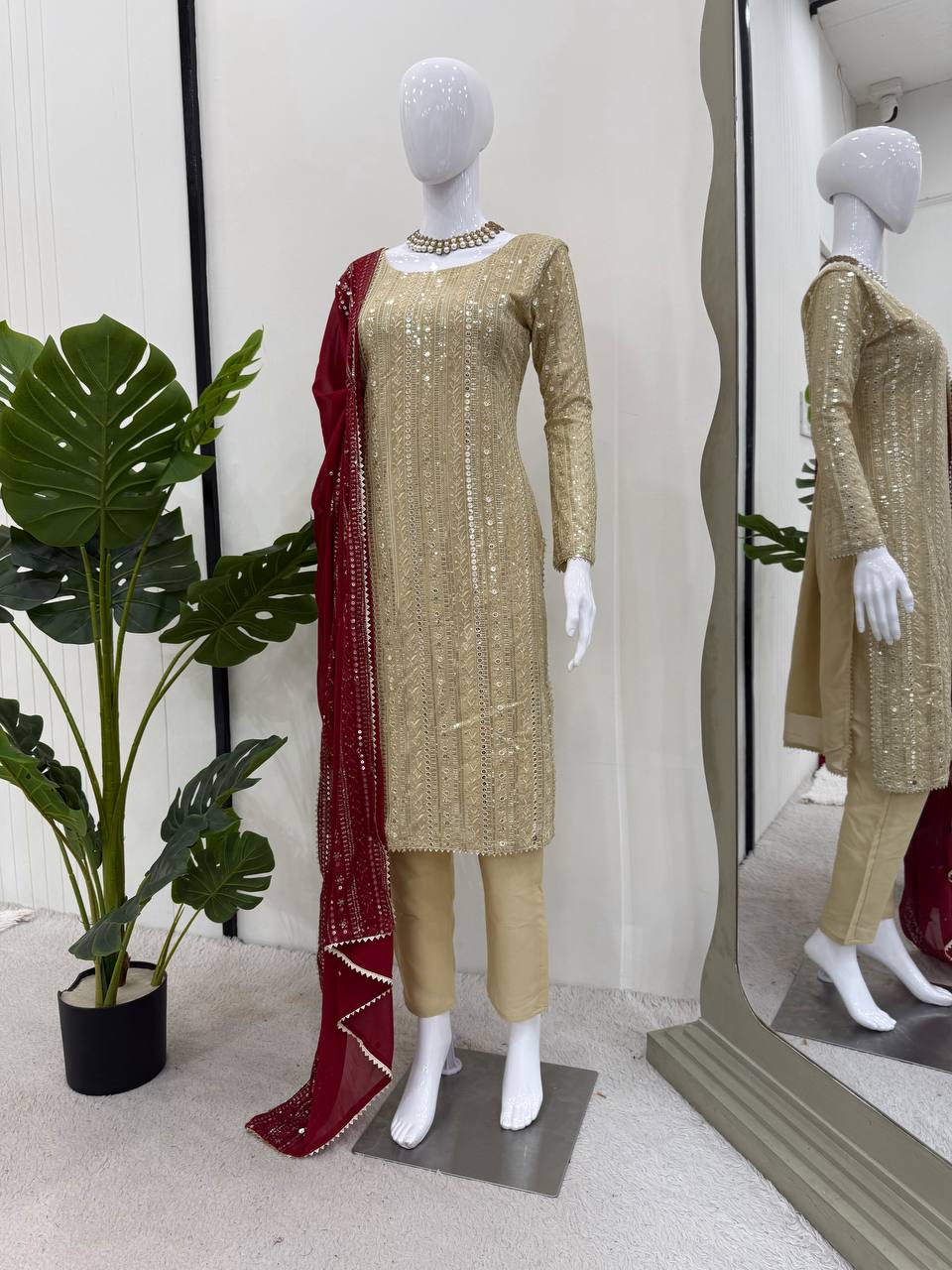 Designer Cream Color Thread Embroidery Work Salwar Suit
