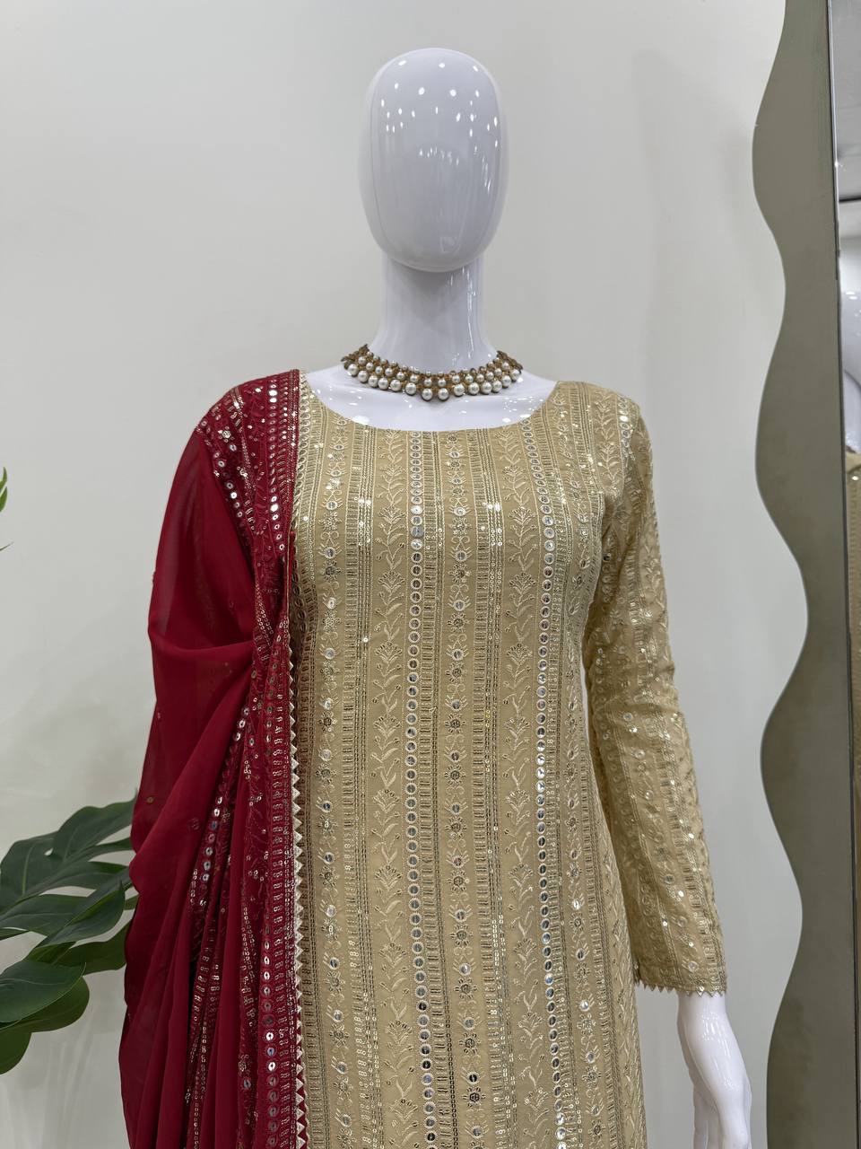 Designer Cream Color Thread Embroidery Work Salwar Suit