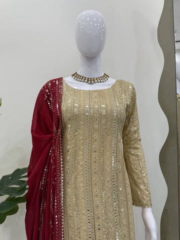Designer Cream Color Thread Embroidery Work Salwar Suit