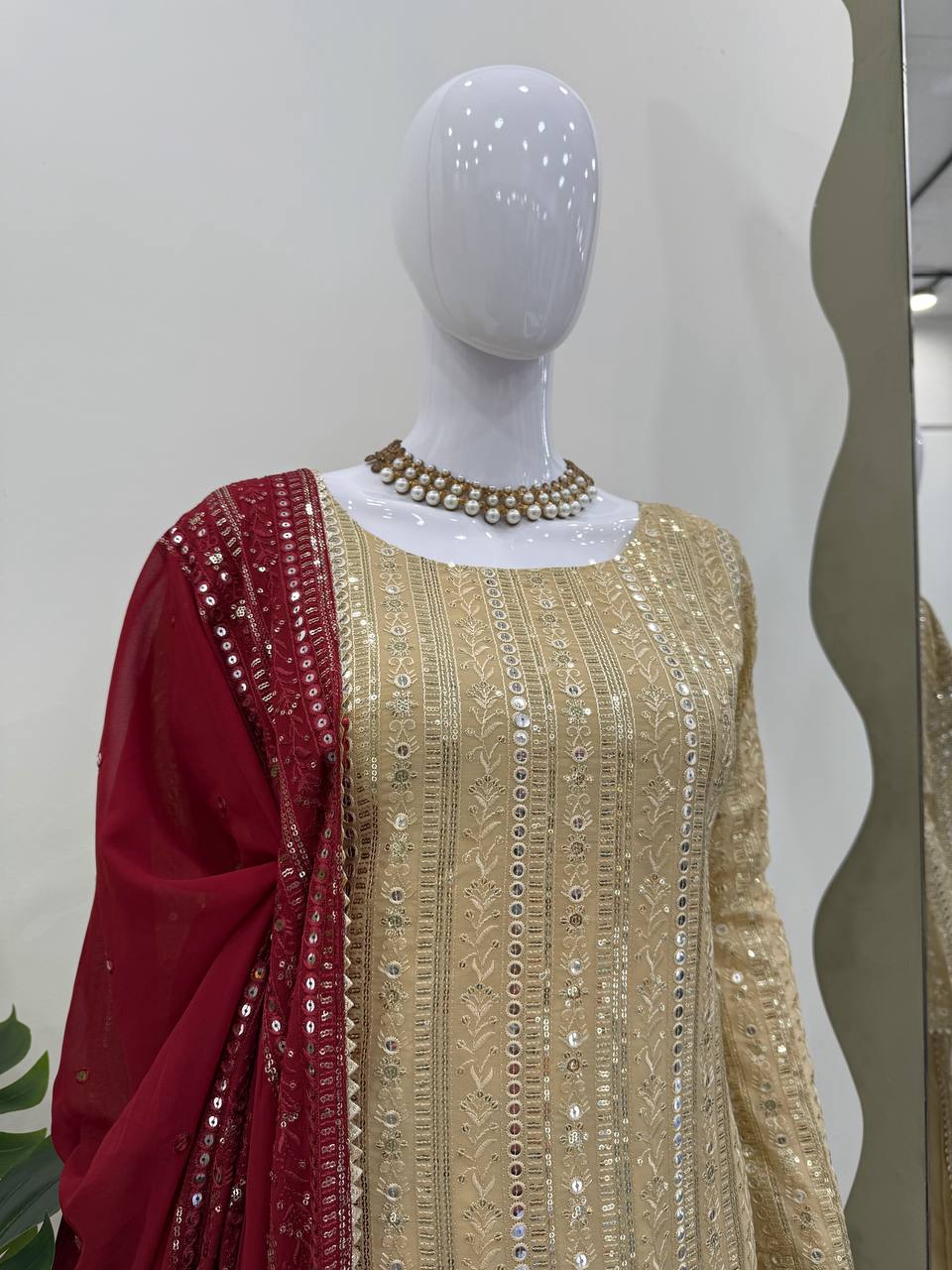 Designer Cream Color Thread Embroidery Work Salwar Suit