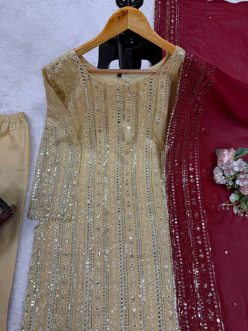 Designer Cream Color Thread Embroidery Work Salwar Suit