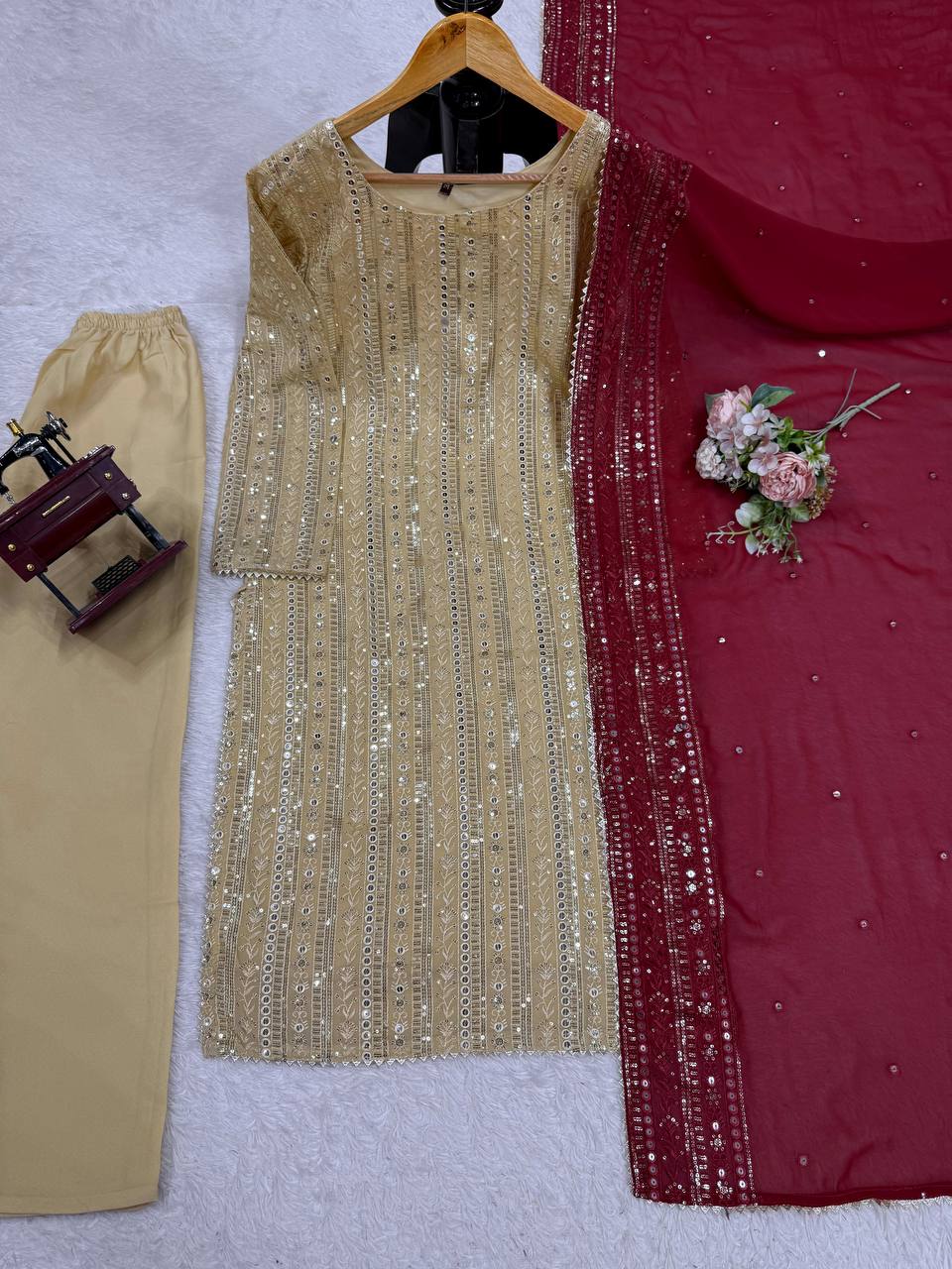Designer Cream Color Thread Embroidery Work Salwar Suit