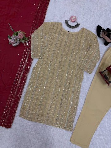 Designer Cream Color Thread Embroidery Work Salwar Suit