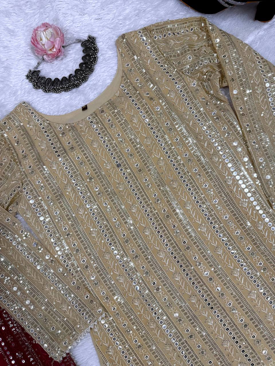 Designer Cream Color Thread Embroidery Work Salwar Suit