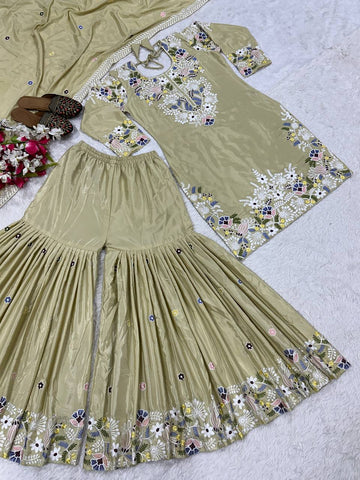 Engagement Wear Cream Embroidery Thread Work Beautiful Sharara Suit