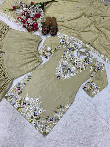 Engagement Wear Cream Embroidery Thread Work Beautiful Sharara Suit