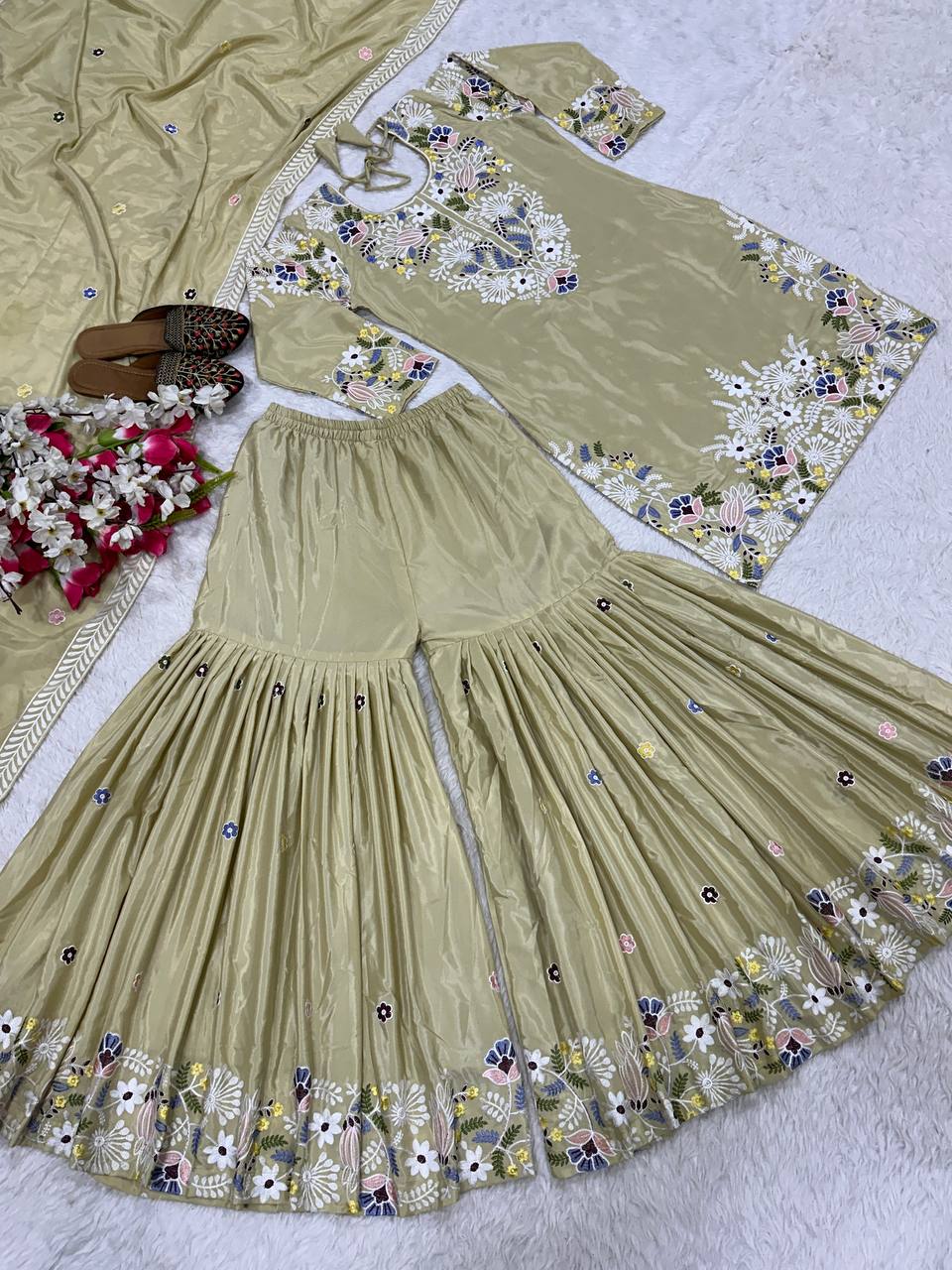 Engagement Wear Cream Embroidery Thread Work Beautiful Sharara Suit