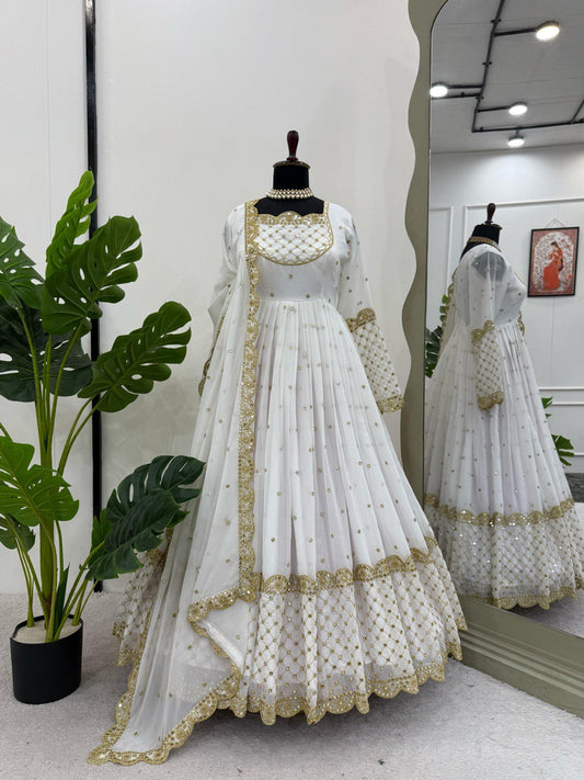 Ceremony Wear White Color Faux Georgette And Thread With 9mm Sequence Gown