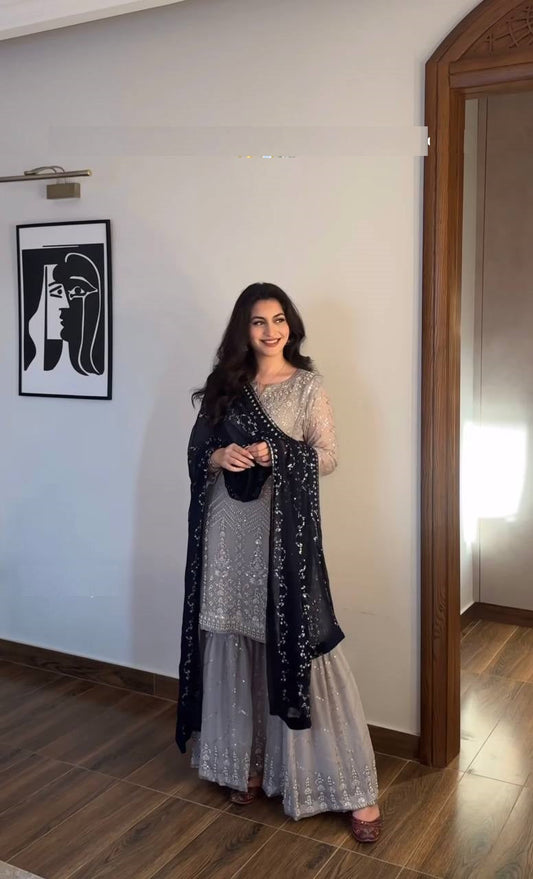 Wedding Wear Grey Color Heavy Faux Georgette With 5mm Embroidery Sequence Work Sharara Suit