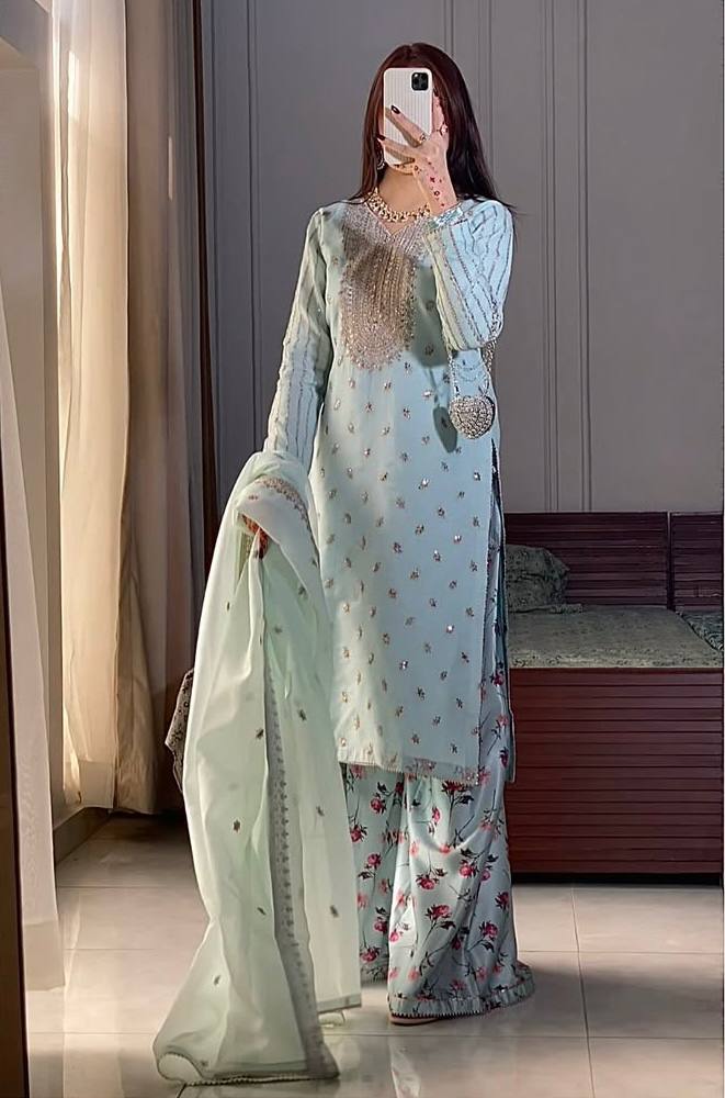 Beautiful Pista Color Embroidered Faux Georgette Suit with Printed Palazzo & Sequin Dupatta