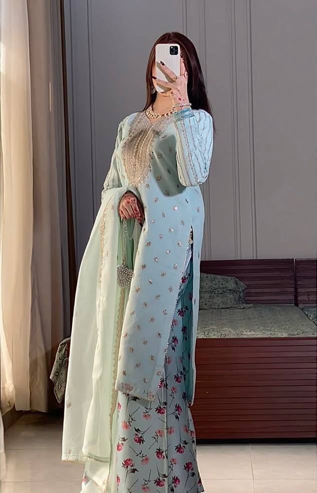 Beautiful Pista Color Embroidered Faux Georgette Suit with Printed Palazzo & Sequin Dupatta