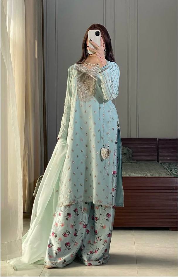 Beautiful Pista Color Embroidered Faux Georgette Suit with Printed Palazzo & Sequin Dupatta