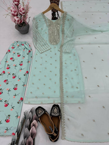 Beautiful Pista Color Embroidered Faux Georgette Suit with Printed Palazzo & Sequin Dupatta