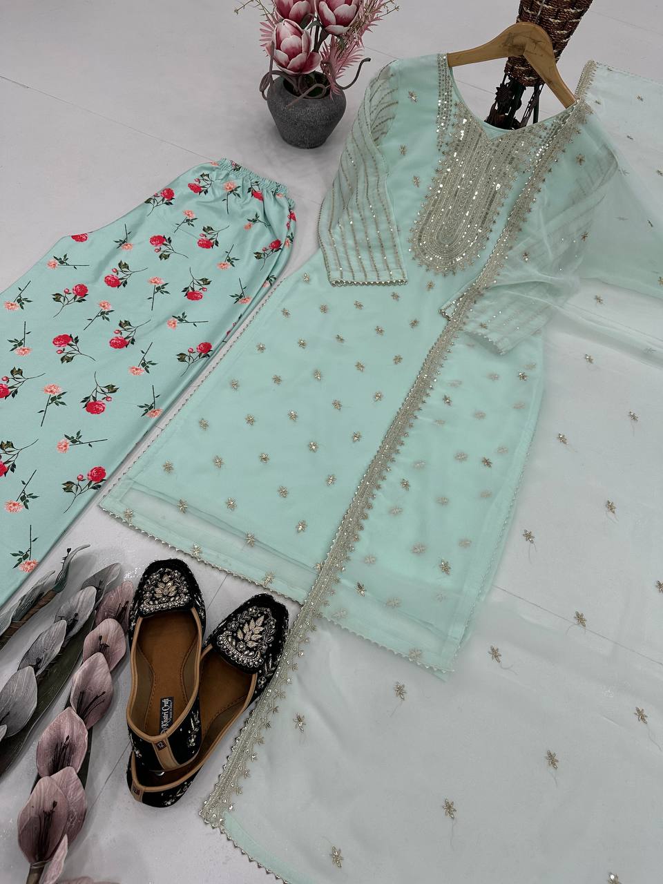 Beautiful Pista Color Embroidered Faux Georgette Suit with Printed Palazzo & Sequin Dupatta