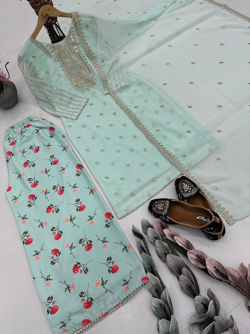 Beautiful Pista Color Embroidered Faux Georgette Suit with Printed Palazzo & Sequin Dupatta