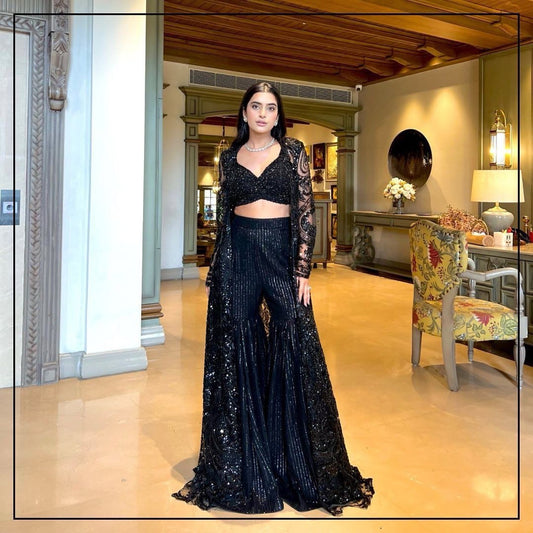 Wedding Wear Black Color Soft Butterfly Net And Thread With Sequence Palazzo Suit