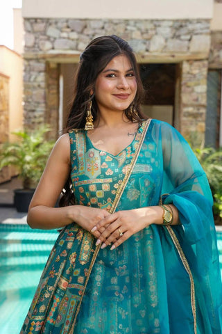 Reception Wear Aqua Blue Color Pure Jimmy Organza Silk With Digital Printed Designer Gown