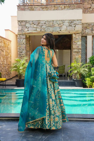 Reception Wear Aqua Blue Color Pure Jimmy Organza Silk With Digital Printed Designer Gown