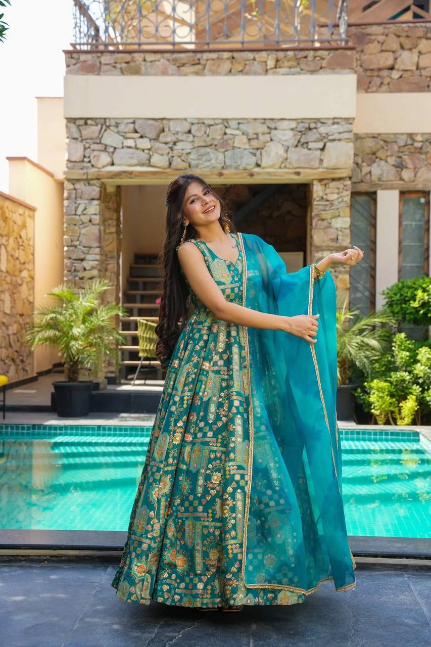 Reception Wear Aqua Blue Color Pure Jimmy Organza Silk With Digital Printed Designer Gown