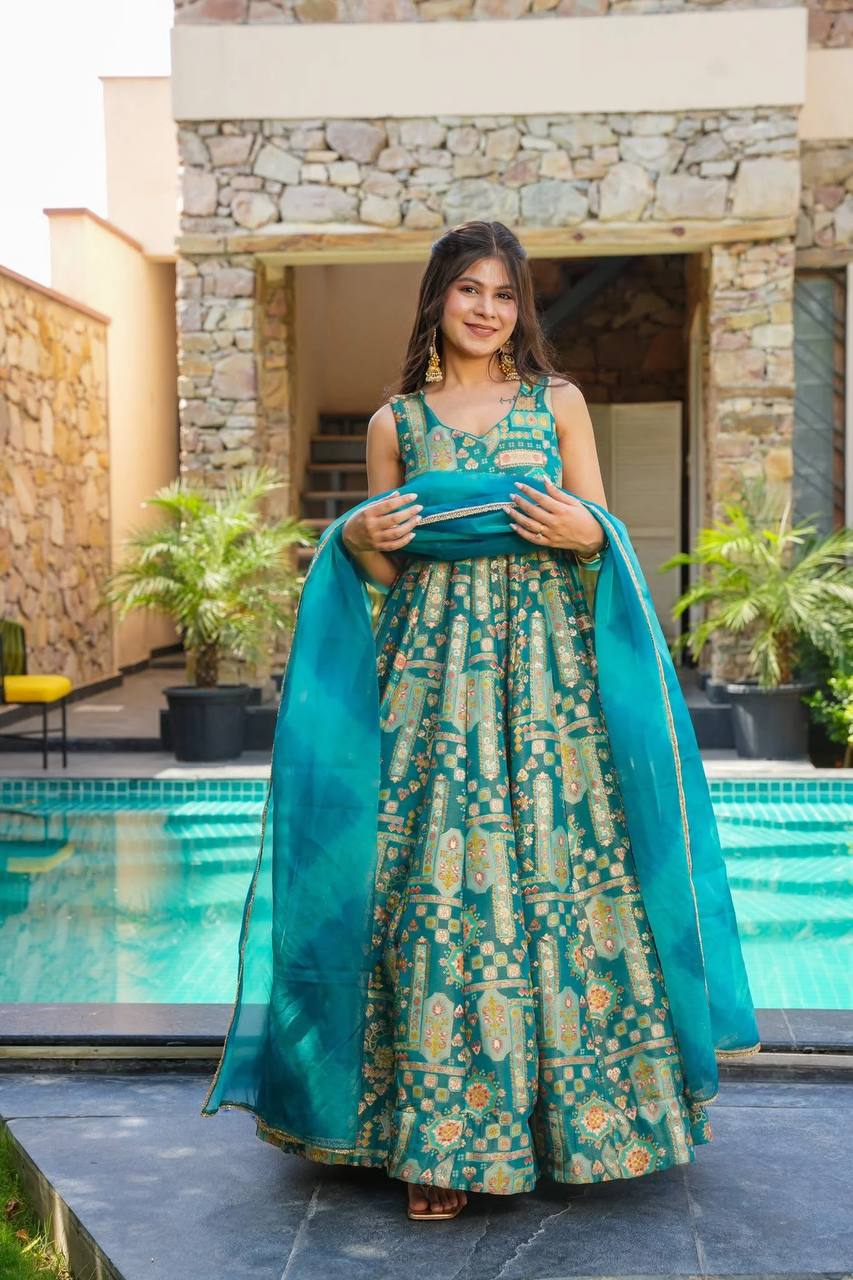 Reception Wear Aqua Blue Color Pure Jimmy Organza Silk With Digital Printed Designer Gown