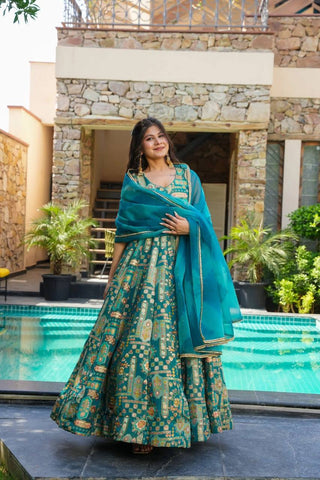 Reception Wear Aqua Blue Color Pure Jimmy Organza Silk With Digital Printed Designer Gown