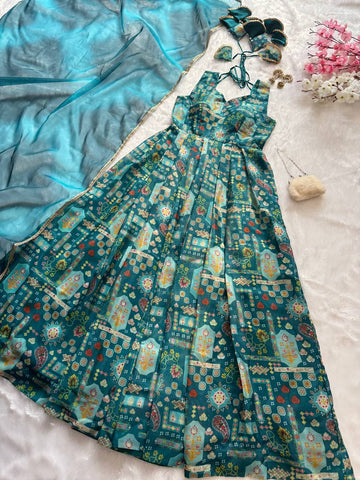 Reception Wear Aqua Blue Color Pure Jimmy Organza Silk With Digital Printed Designer Gown