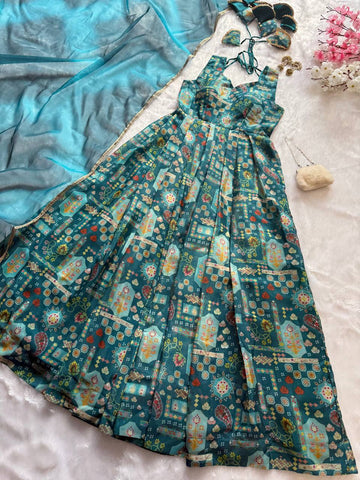 Reception Wear Aqua Blue Color Pure Jimmy Organza Silk With Digital Printed Designer Gown