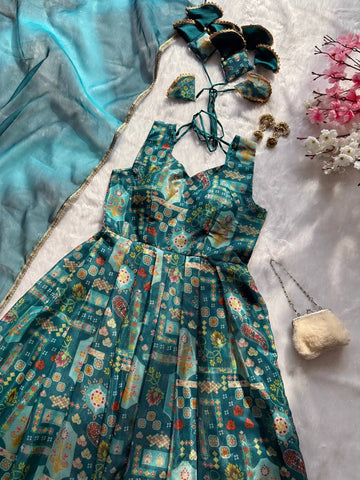 Reception Wear Aqua Blue Color Pure Jimmy Organza Silk With Digital Printed Designer Gown