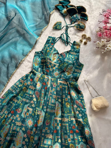 Reception Wear Aqua Blue Color Pure Jimmy Organza Silk With Digital Printed Designer Gown