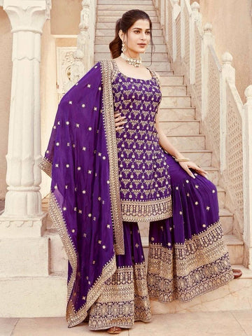 Party Wear Purple Color Soft Faux Georgette Thread Embroidery With Sequins Work Sharara Suit