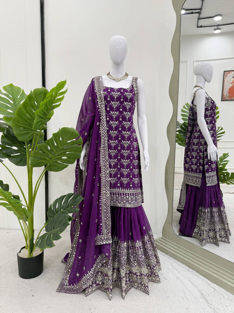 Party Wear Purple Color Soft Faux Georgette Thread Embroidery With Sequins Work Sharara Suit