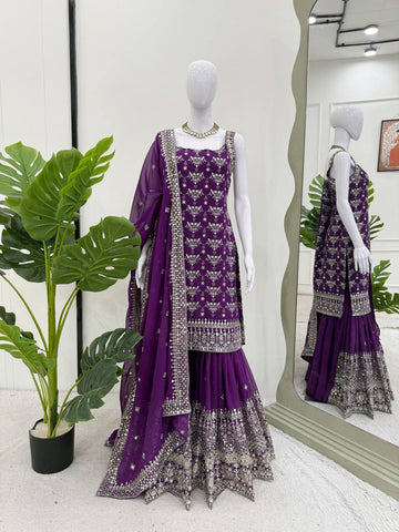 Party Wear Purple Color Soft Faux Georgette Thread Embroidery With Sequins Work Sharara Suit