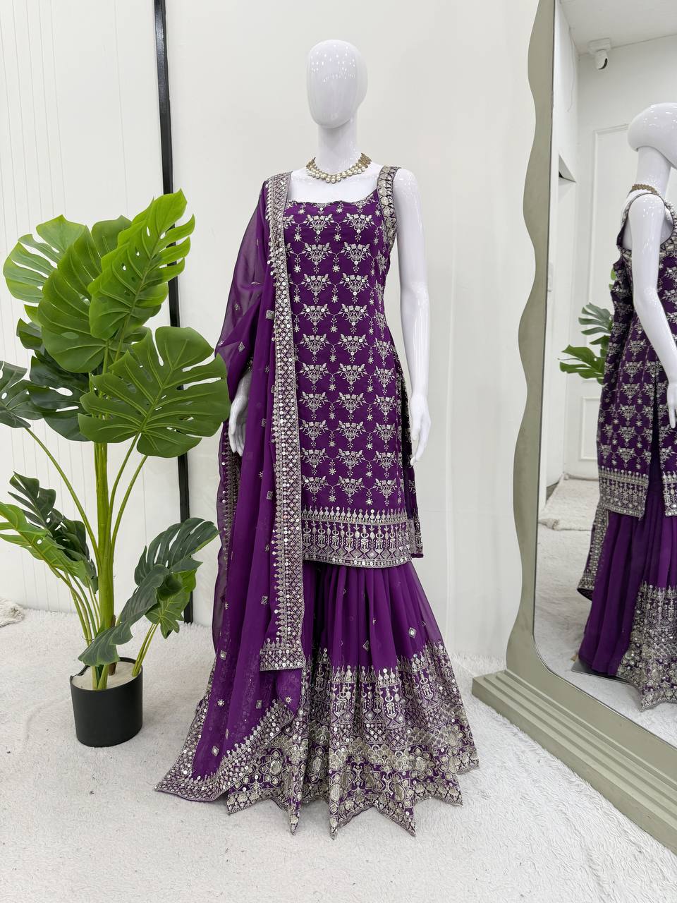 Party Wear Purple Color Soft Faux Georgette Thread Embroidery With Sequins Work Sharara Suit