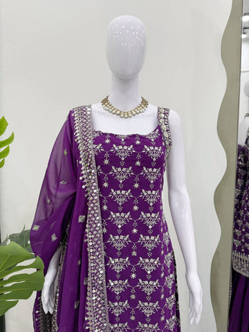 Party Wear Purple Color Soft Faux Georgette Thread Embroidery With Sequins Work Sharara Suit